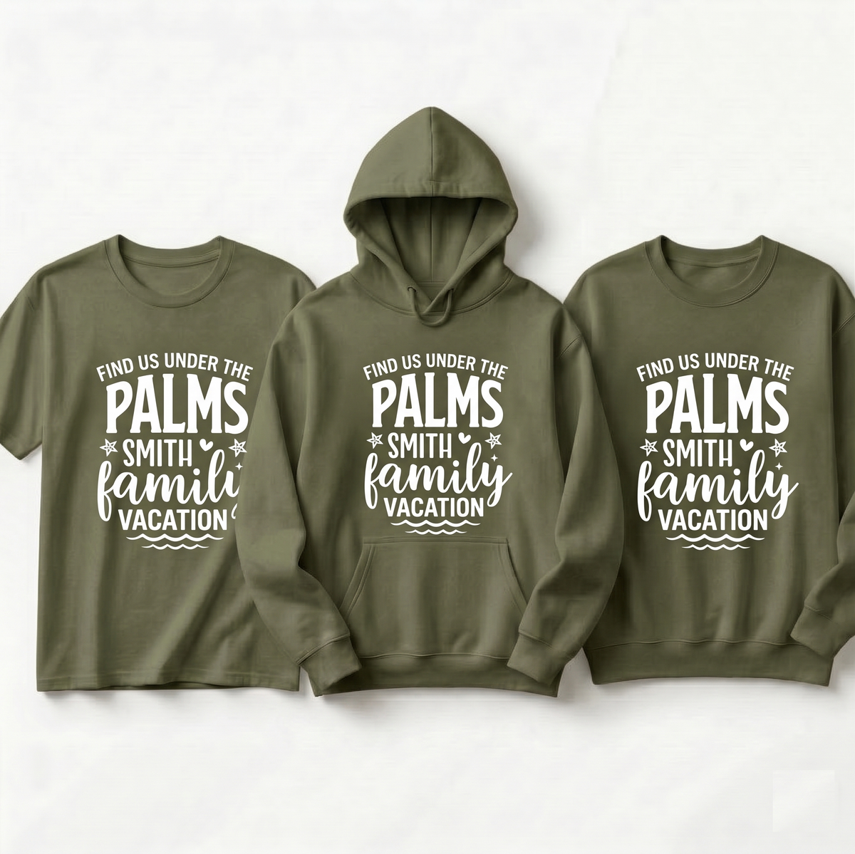 Find Us Under The Palms Custom Family Vacation Shirt, Personalized Smith Family Trip Hoodies, Matching Tropical Family Vacation Sweatshirts