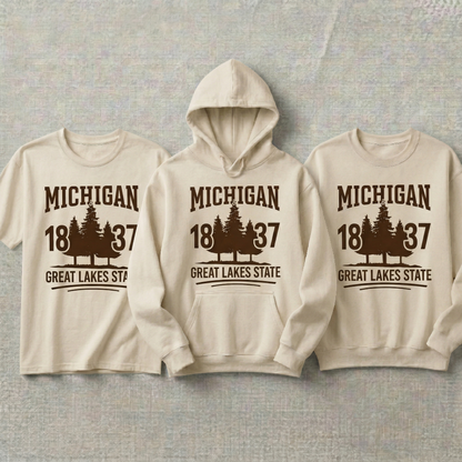 Custom Michigan Hoodie and Sweatshirt, Vintage Michigan T-shirt, 1837 Great Lakes State Apparel, Retro Pine Tree Design, Custom State Gift