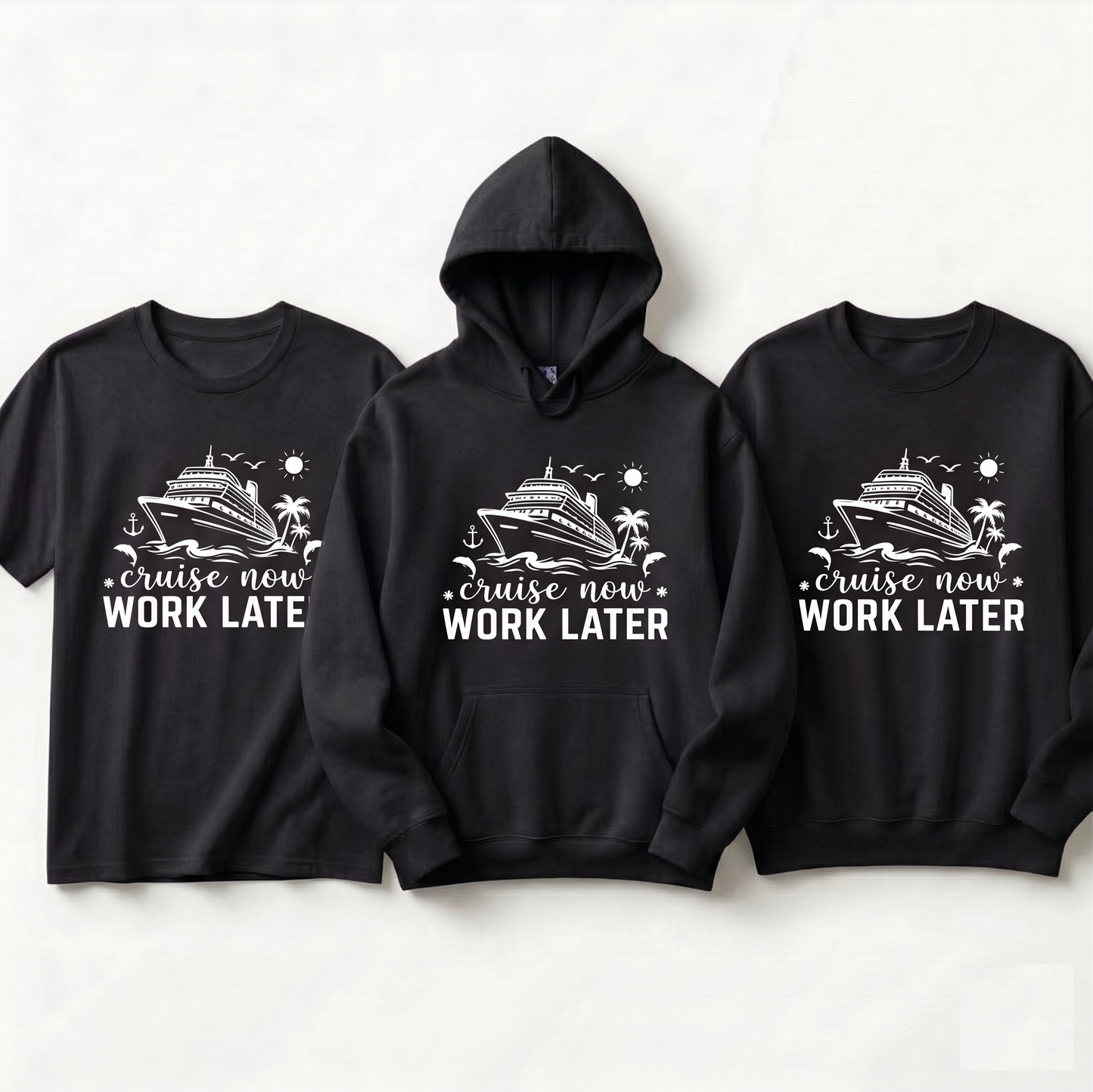 Custom Cruise Now Work Later Shirt | Funny Matching Cruise Hoodies | Personalized Nautical Vacation Sweatshirt | 2026 Family Cruise Gift