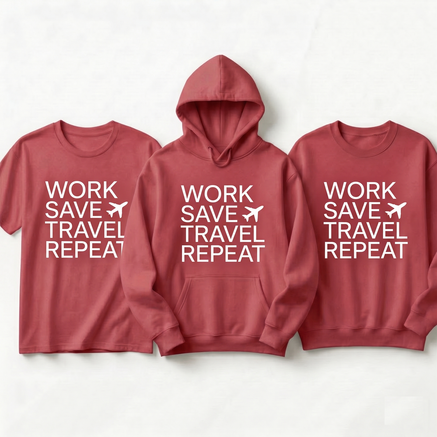 Custom Work Save Travel Repeat Shirt | Matching Travel Hoodies | Personalized Sweatshirt | Minimalist Airplane Vacation Apparel