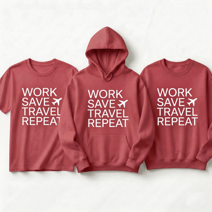 Custom Work Save Travel Repeat Shirt | Matching Travel Hoodies | Personalized Sweatshirt | Minimalist Airplane Vacation Apparel
