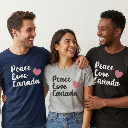 Custom Peace Love Canada T-Shirt | Personalized Canadian Pride Tee, Custom Name Canada Shirt, Cute Heart Graphic Unisex Retro Script Top