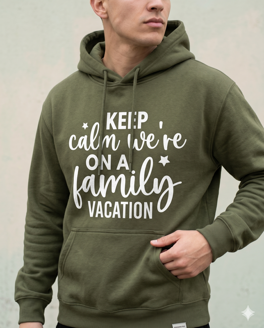 Custom Keep Calm We’re On A Family Vacation Shirt, Funny Matching Family Trip Hoodie, Personalized Family Reunion Sweatshirt