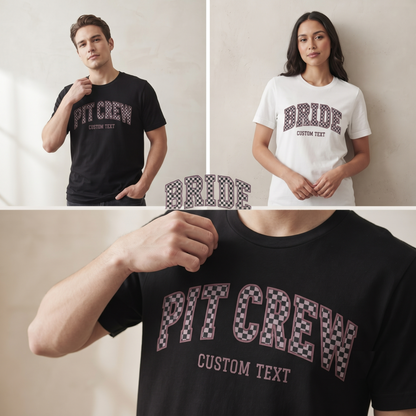 Custom Bride Pit Crew Shirt, Retro Racing Bachelorette Sweatshirt, Checkered Varsity Hoodie