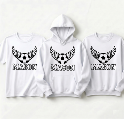 Custom Soccer Shirt with Name, Personalized Flying Soccer Ball Hoodie, Custom Kids Soccer Sweatshirt, Team Sports Apparel, Soccer Boy Gift