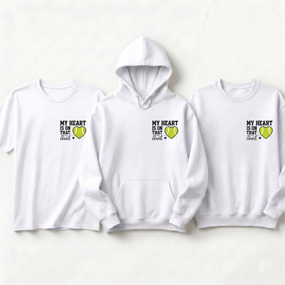 Custom My Heart is on That Court Hoodie, Personalized Tennis Mom Shirt, Tennis Player Gift, Game Day Tennis Sweatshirt, Sports Mom Apparel