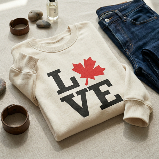 Custom Canadian Maple Leaf Love Sweatshirt - Personalized Canada Heart Crewneck - Minimalist Red Leaf Pullover - Unisex Canada Day Gift
