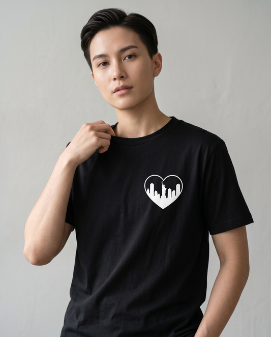 Custom Heart City Skyline T-Shirt, Personalized Minimalist Cityscape Tee, Pocket Design Skyline Shirt, Personalized Travel Memory Gift