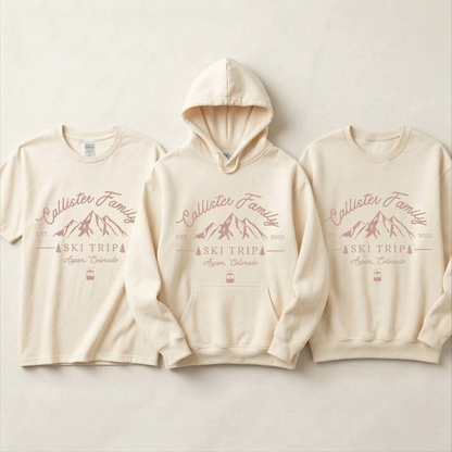 Custom Family Ski Trip Shirts | Personalized Matching Winter Vacation Hoodies | Mountain Crewneck Sweatshirt | Group Ski Apparel