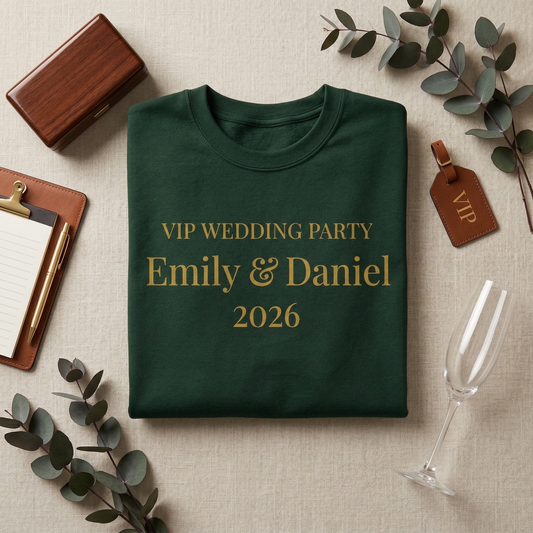 Custom Wedding Party Shirts, Personalized VIP Wedding T-Shirt, Elegant Gold Foil Look Tee, Custom Name & Date Bridal Party Gifts