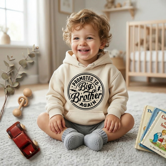 Promoted to Big Brother Again Hoodie | Third Baby Pregnancy Announcement | Retro Sibling Reveal Sweatshirt | Trendy Big Bro Pullover