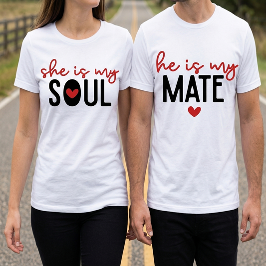 Soulmate Couple Shirts, She is My Soul He is My Mate Matching Tees, Anniversary Gift for Couples, Custom Relationship T-shirts, Wedding Gift