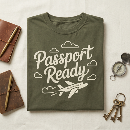 Passport Ready T-Shirt, Custom Travel Shirt, Airplane Graphic Tee, Retro Wanderlust Top, Adventure Seeker Gift, Olive Green Vacation Shirt