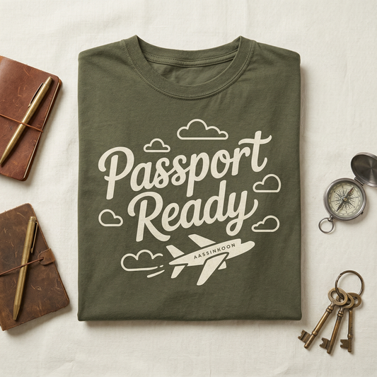 Passport Ready T-Shirt, Custom Travel Shirt, Airplane Graphic Tee, Retro Wanderlust Top, Adventure Seeker Gift, Olive Green Vacation Shirt