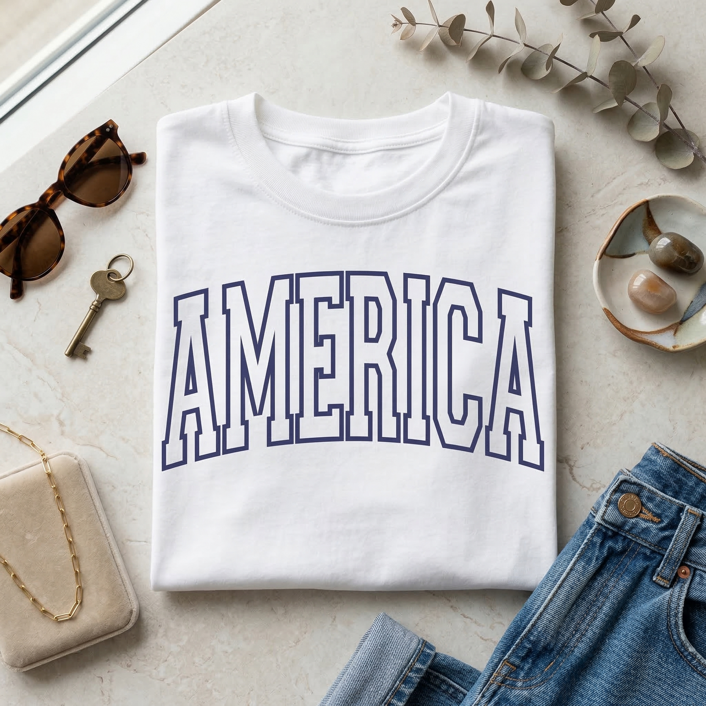 America Varsity T-Shirt, Minimalist Patriotic Shirt, USA College Style Tee, 4th of July Women's Shirt, Red White and Blue, Olympic Games Fan Gear