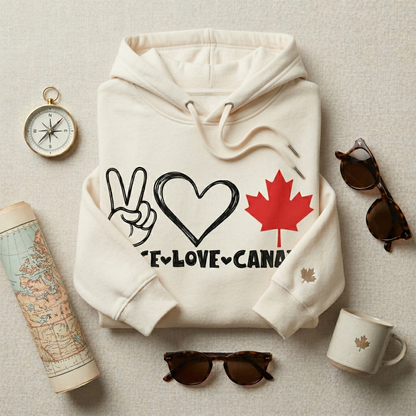 Custom Peace Love Canada Hoodie, Personalized Maple Leaf Sweatshirt, Canadian Pride Pullover, Minimalist Canada Gift, Retro Canada Souvenir