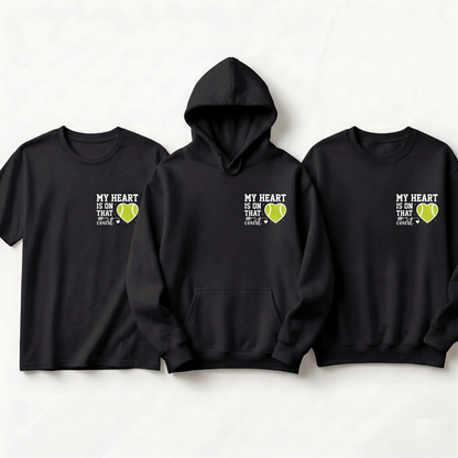 Custom My Heart is on That Court Hoodie, Personalized Tennis Mom Shirt, Tennis Player Gift, Game Day Tennis Sweatshirt, Sports Mom Apparel