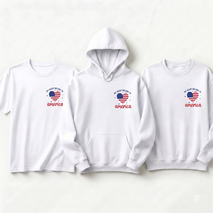 Custom My Heart Belongs To America Shirt, Personalized USA Flag Heart Hoodie, Patriotic 4th of July Sweatshirt, American Pride Gift, USA Tee