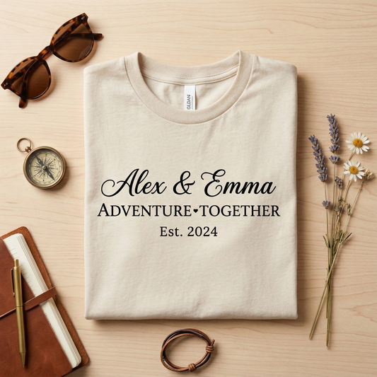 Custom Couple Shirt, Personalized Anniversary T-Shirt, Adventure Together Est 2024, Custom Names Date Shirt, Wedding Gift, Engagement Tee