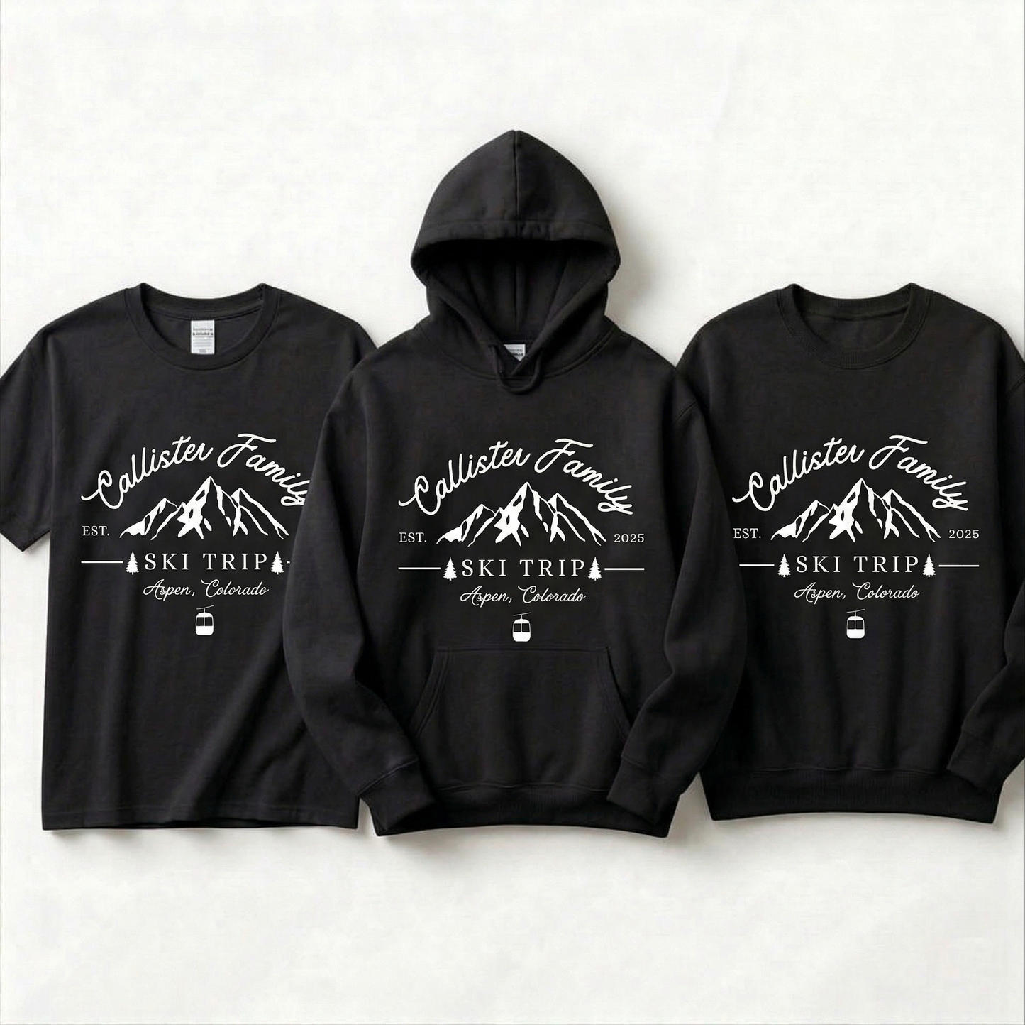 Custom Family Ski Trip Shirts | Personalized Matching Winter Vacation Hoodies | Mountain Crewneck Sweatshirt | Group Ski Apparel