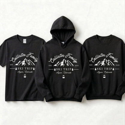 Custom Family Ski Trip Shirts | Personalized Matching Winter Vacation Hoodies | Mountain Crewneck Sweatshirt | Group Ski Apparel