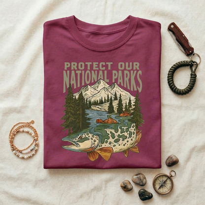 Protect Our National Parks Shirt | Vintage Trout Fish Tee | Mountain Nature Graphic T-Shirt | Outdoor Conservation Hiking Camping Apparel