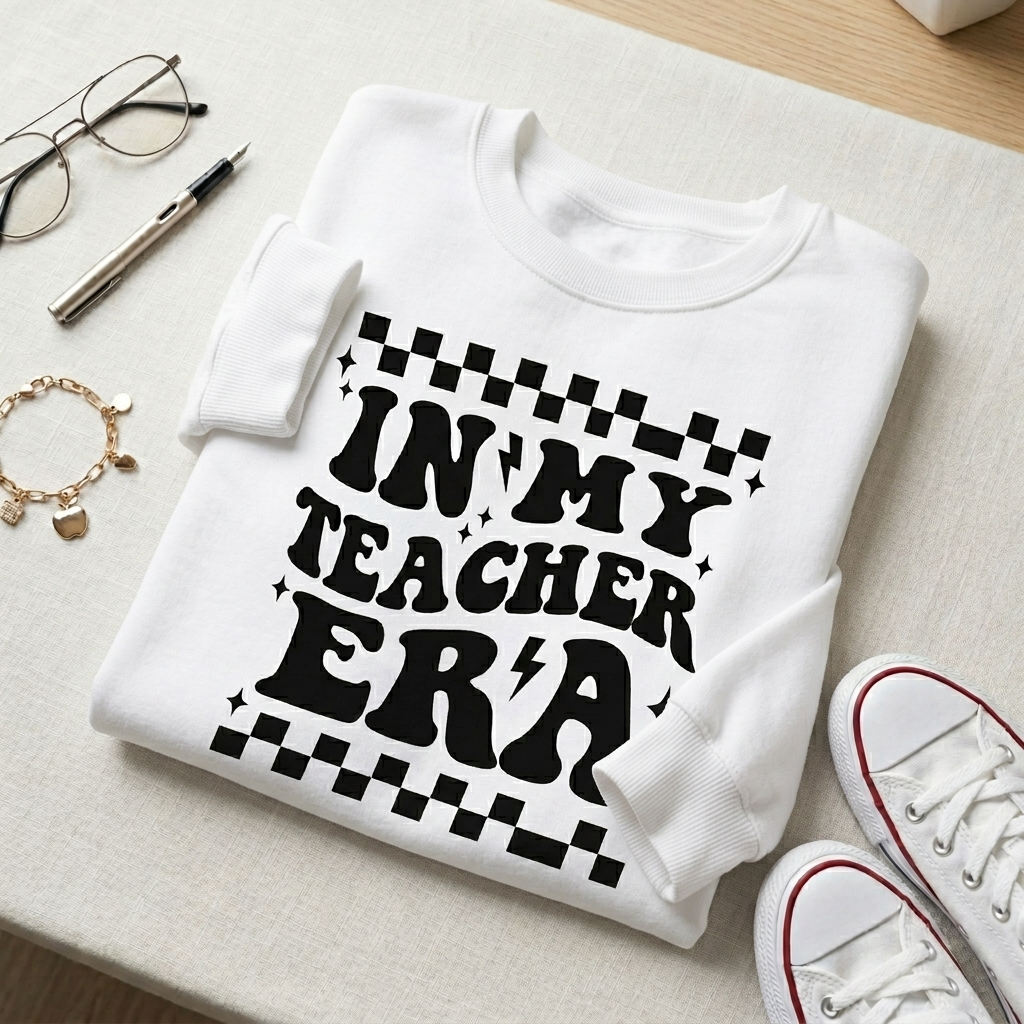 In My Teacher Era Sweatshirt, Custom Teacher Era Shirt, Retro Checkered Teacher Crewneck, Personalized Teacher Gift, Groovy Teacher Pullover