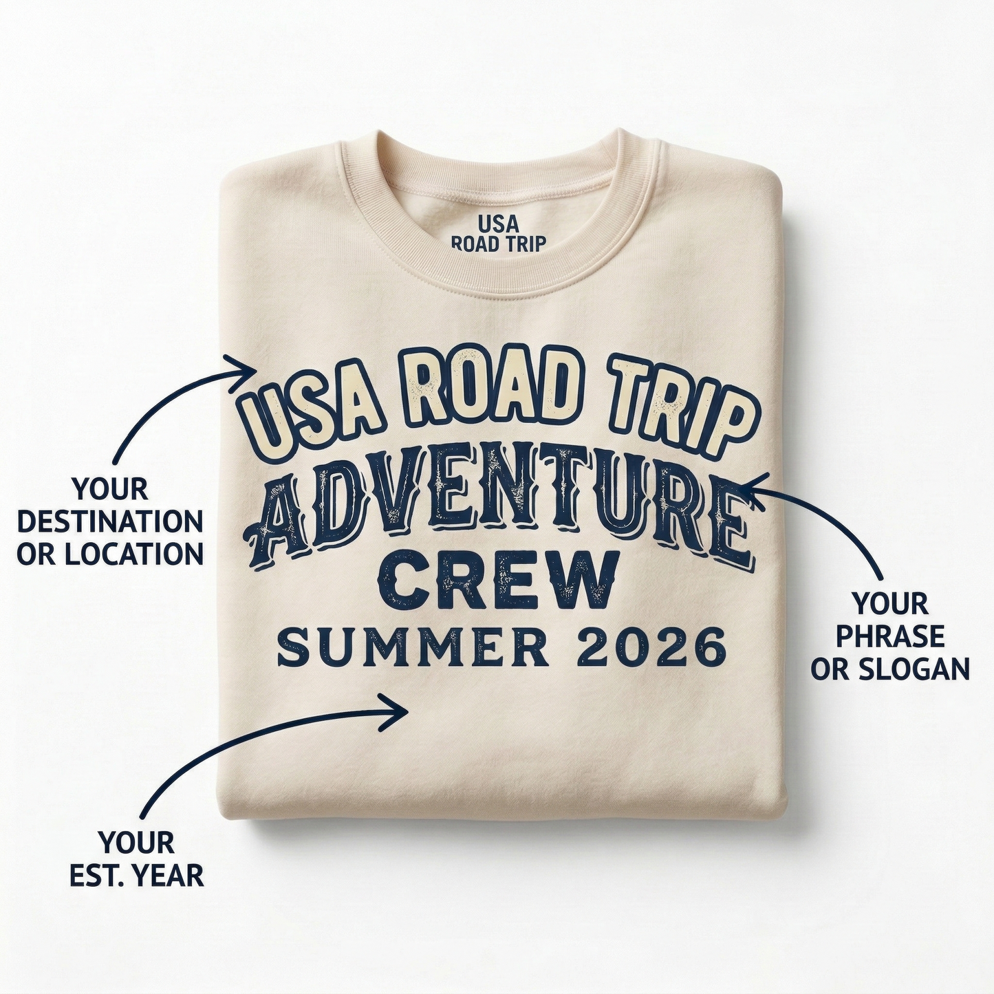 Custom Road Trip Adventure Crew Sweatshirt | Personalized Vacation Shirt | Retro Summer Group Travel Tee | Custom Destination Adventure Gift