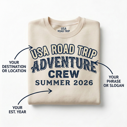Custom Road Trip Adventure Crew Sweatshirt | Personalized Vacation Shirt | Retro Summer Group Travel Tee | Custom Destination Adventure Gift