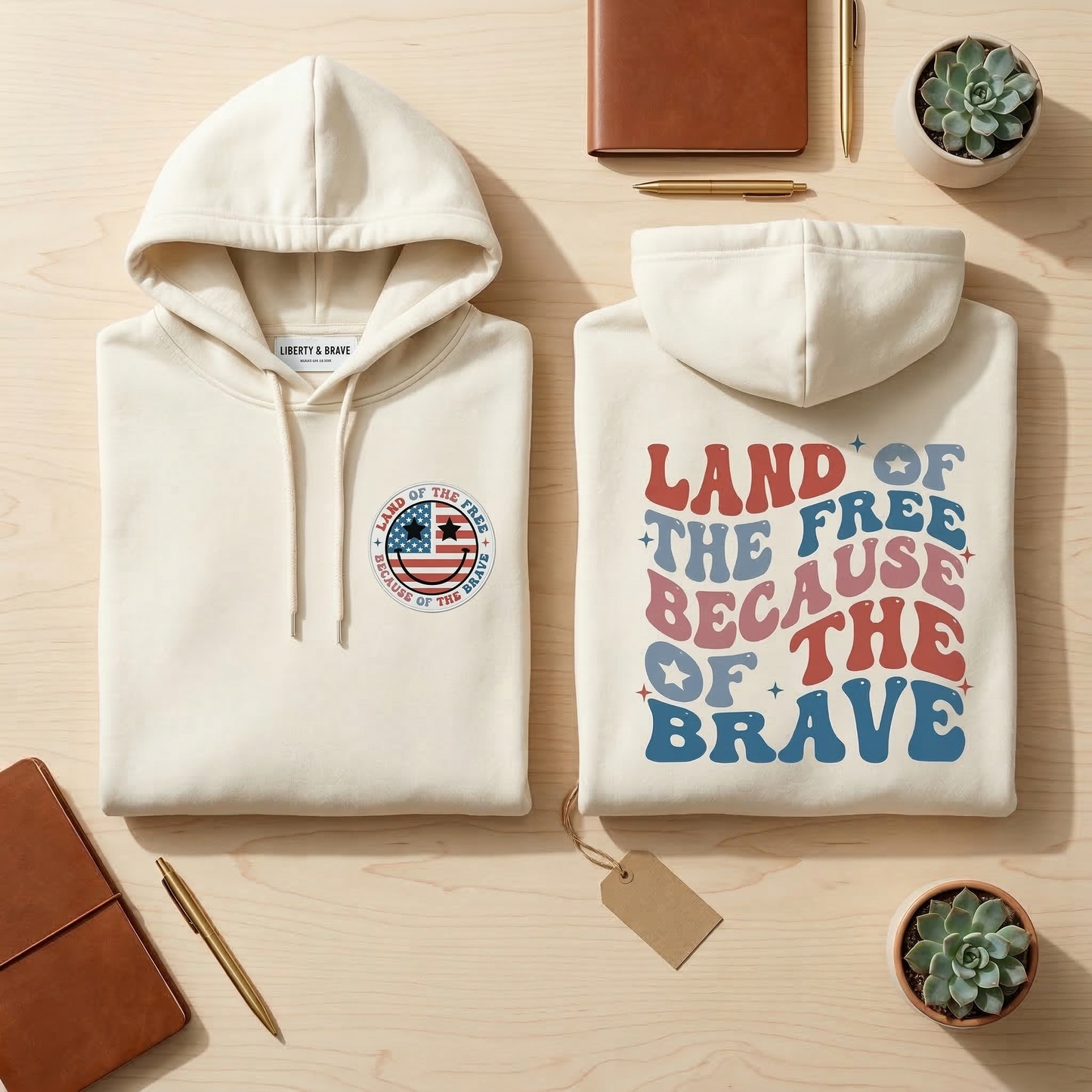 Retro Land of the Free Hoodie, Wavy Patriotic Sweatshirt, Vintage USA Smiley Face Hoodie, Fourth of July Stars and Stripes Pullover, Red White and Blue Trendy Hoodie