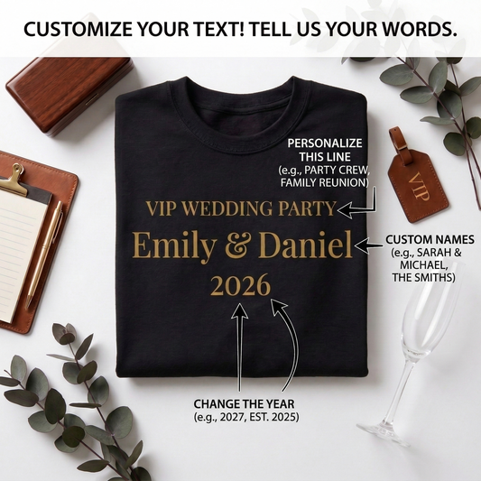 Custom Wedding Party Shirts, Personalized VIP Wedding T-Shirt, Elegant Gold Foil Look Tee, Custom Name & Date Bridal Party Gifts