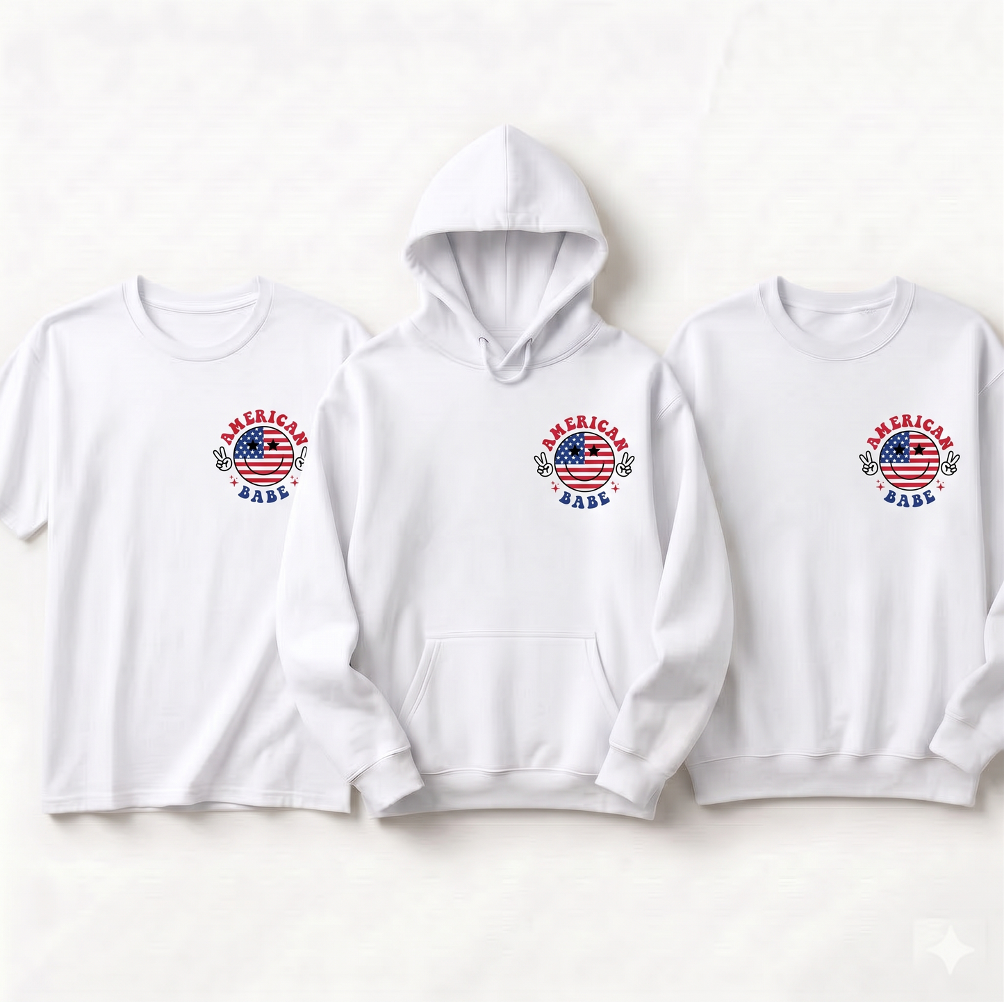 Custom American Babe Shirt, Retro 4th of July Smiley Hoodie, Personalized Patriotic Sweatshirt, Vintage USA Flag Smiley Face Apparel