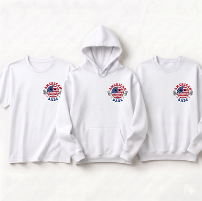Custom American Babe Shirt, Retro 4th of July Smiley Hoodie, Personalized Patriotic Sweatshirt, Vintage USA Flag Smiley Face Apparel