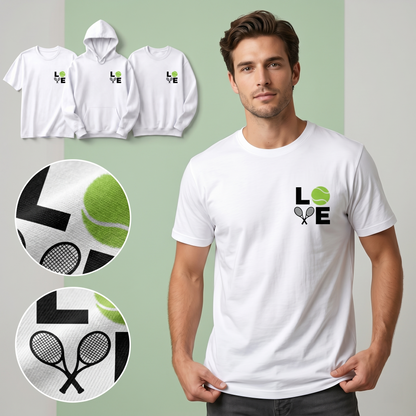 Custom Tennis LOVE Sweatshirt, Minimalist Tennis Ball Hoodie, Personalized T-Shirt, Tennis Team Apparel, Cute Tennis Gift for Her or Him