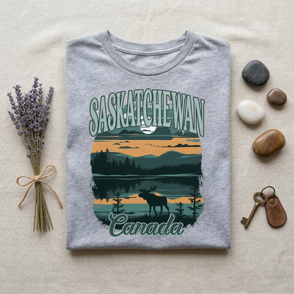Vintage Saskatchewan Canada Shirt | Retro Moose & Lake Graphic Tee | Canadian Nature Lover Gift | Outdoorsy Camping T-Shirt