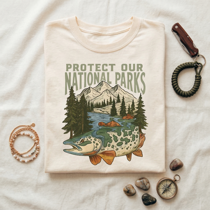 Protect Our National Parks Shirt | Vintage Trout Fish Tee | Mountain Nature Graphic T-Shirt | Outdoor Conservation Hiking Camping Apparel