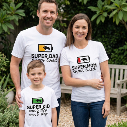 Funny Matching Family Shirts, Super Dad Super Mom Super Kid Battery Set, Tired Parents Shirt, Energetic Kid Tee, Custom Family Gift, New Parent Birthday Gift, Toddler Family Outfits
