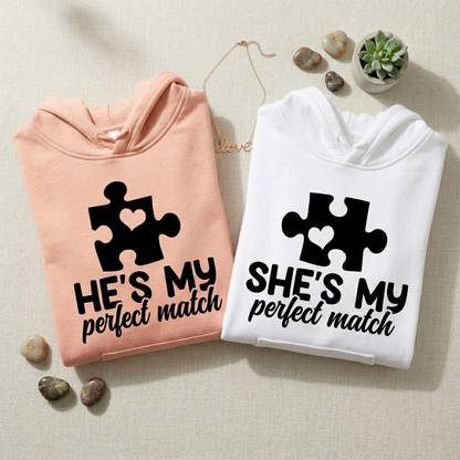 Custom Matching Couple Sweatshirts, He’s My Perfect Match, She’s My Perfect Match Pullovers, Personalized Puzzle Piece Anniversary Gift