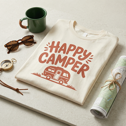 Custom Happy Camper Shirt, Personalized Camping Tee, Retro Outdoors T-Shirt, Vintage Caravan Gift, Family Camping Trip Shirt