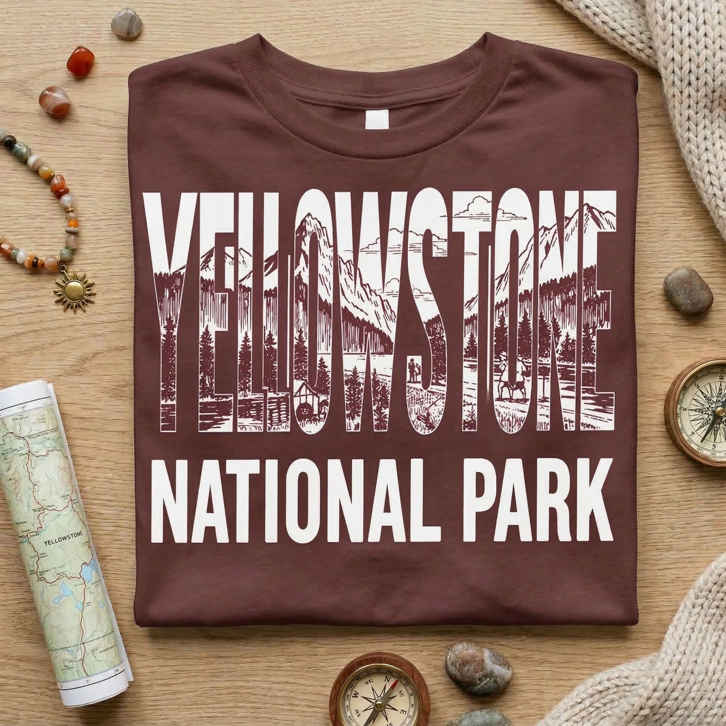 Yellowstone National Park Shirt | Vintage Mountain Landscape Tee | Retro Block Letter Nature T-Shirt | Hiking Camping Outdoorsy Apparel