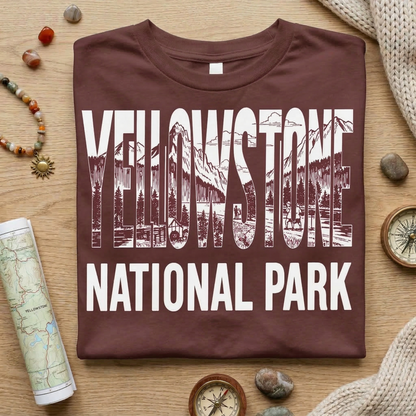 Yellowstone National Park Shirt | Vintage Mountain Landscape Tee | Retro Block Letter Nature T-Shirt | Hiking Camping Outdoorsy Apparel