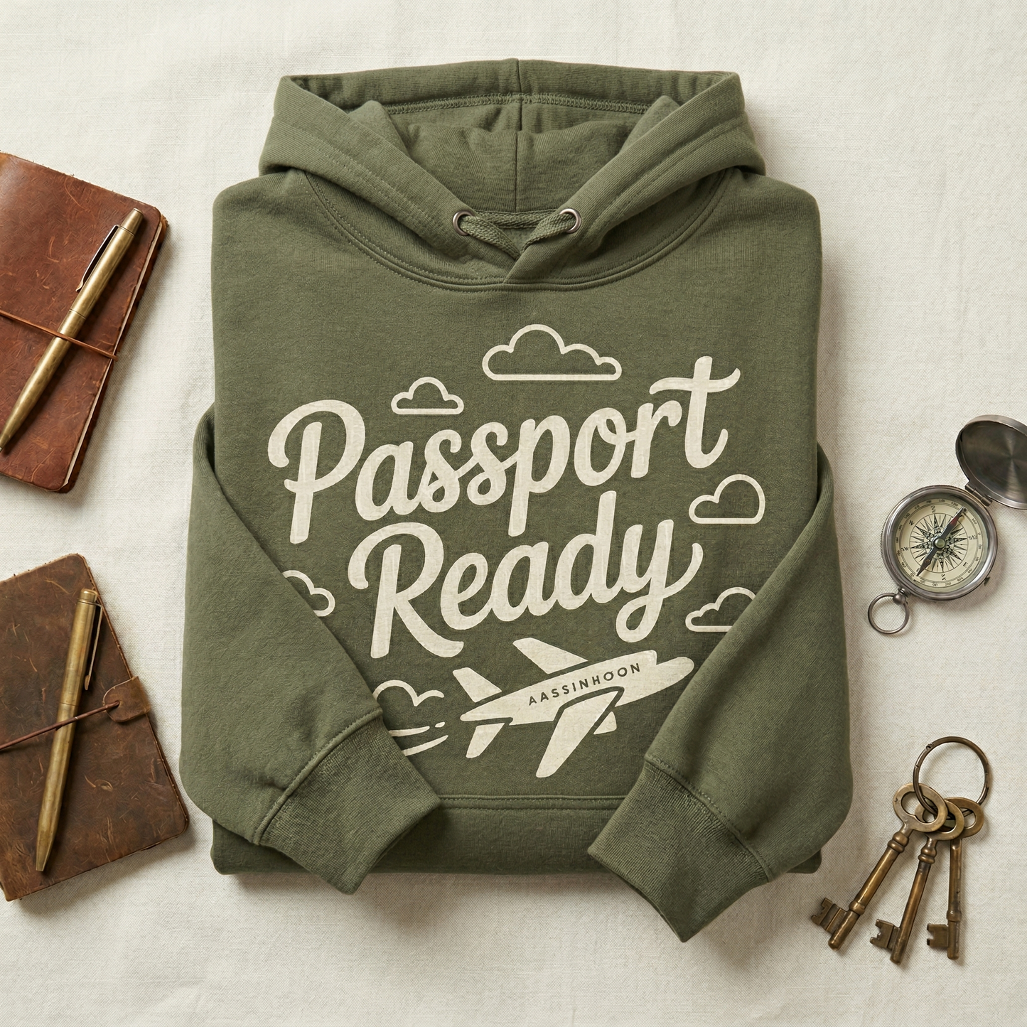 Passport Ready T-Shirt, Custom Travel Shirt, Airplane Graphic Tee, Retro Wanderlust Top, Adventure Seeker Gift, Olive Green Vacation Shirt