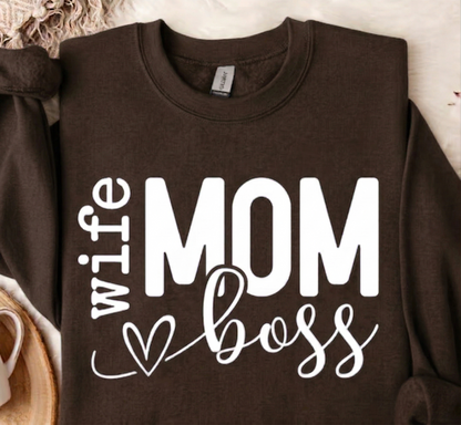 Wife Mom Boss Sweatshirt, Forest Green Crewneck, Gift for Her, Mother's Day Shirt, Working Mom Sweater, Everyday Casual Pullover
