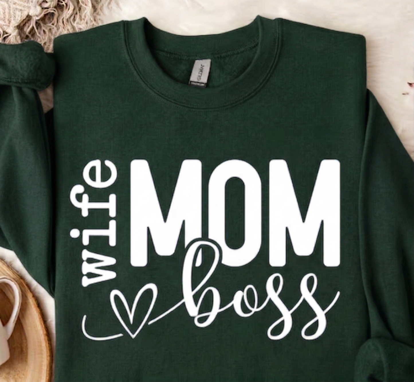 Wife Mom Boss Sweatshirt, Forest Green Crewneck, Gift for Her, Mother's Day Shirt, Working Mom Sweater, Everyday Casual Pullover