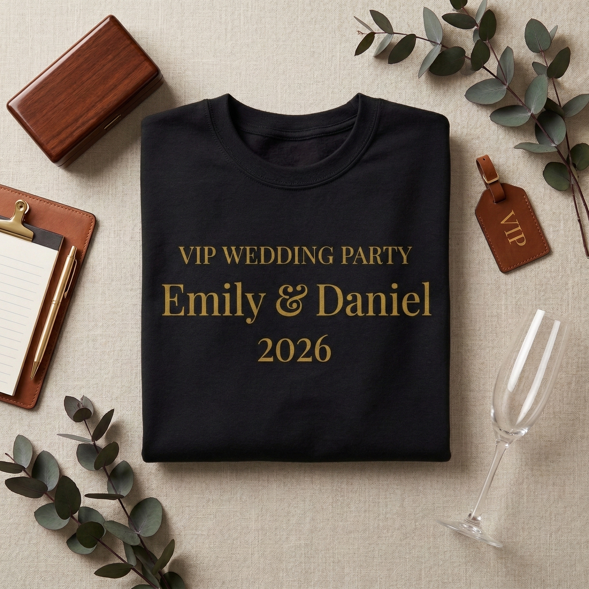 Custom Wedding Party Shirts, Personalized VIP Wedding T-Shirt, Elegant Gold Foil Look Tee, Custom Name & Date Bridal Party Gifts