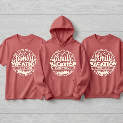 Custom Family Name Vacation 2025 Shirts, Personalized Mountain Memories Matching Hoodies, 2026 Family Trip Sweatshirts