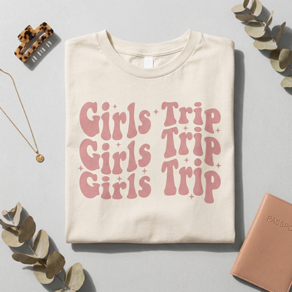 Custom Girls Trip T-Shirt, Girls Weekend Tee, Personalized Bachelorette Party Shirt, Pink Aesthetic Summer Travel Top, Matching Squad Shirts
