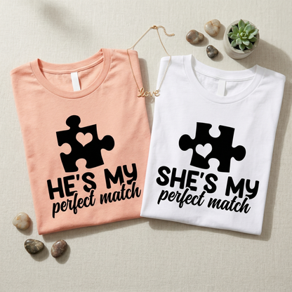 Custom Matching Couple Sweatshirts, He’s My Perfect Match, She’s My Perfect Match Pullovers, Personalized Puzzle Piece Anniversary Gift