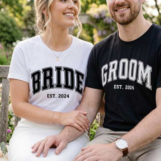 Custom Bride and Groom Shirt Set - Personalized Wedding Est 2026 T-Shirts - Varsity Style Newlywed Gift - Matching Couple Anniversary Tops