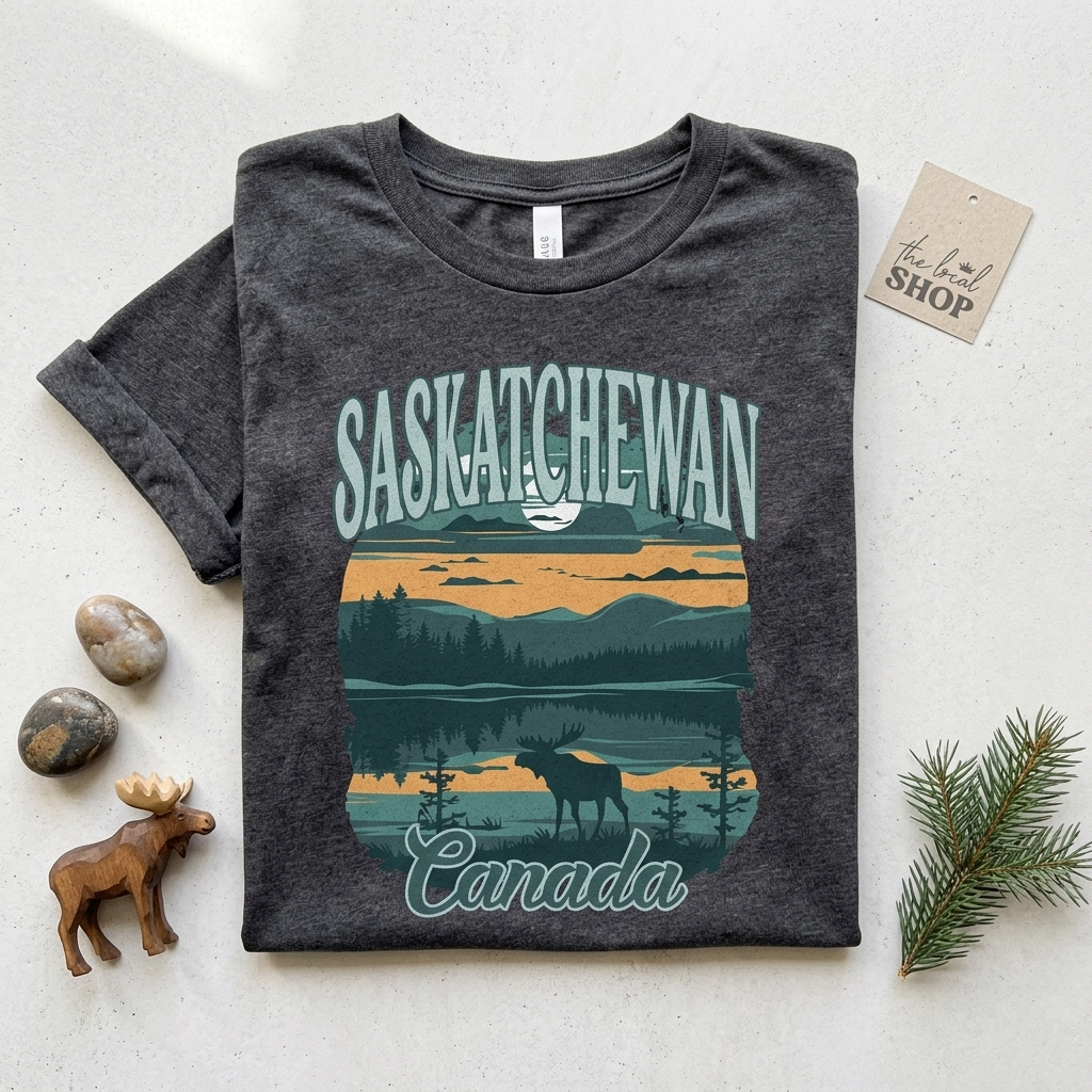 Vintage Saskatchewan Canada Shirt | Retro Moose & Lake Graphic Tee | Canadian Nature Lover Gift | Outdoorsy Camping T-Shirt